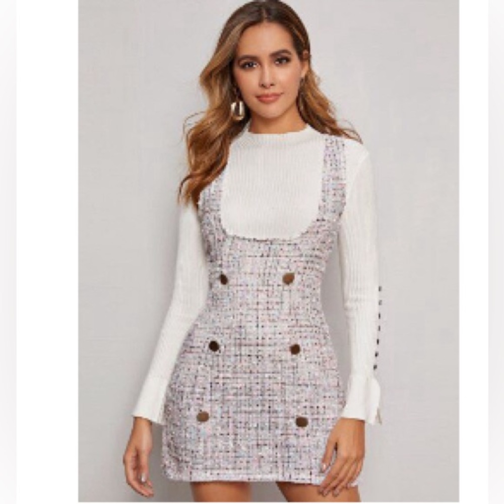 Shein double button tween overall dress xs white pink blue